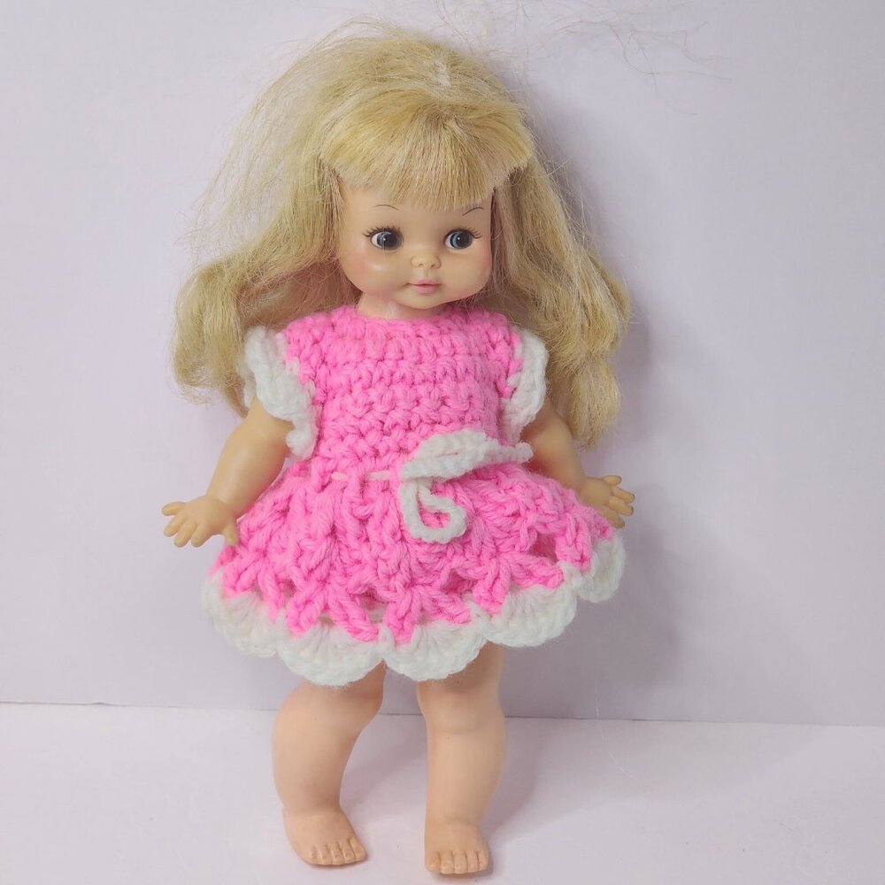 Horsman Dolls Inc‎ 1969 Vintage Blonde Plastic Pink & White Crochet Dress 11"